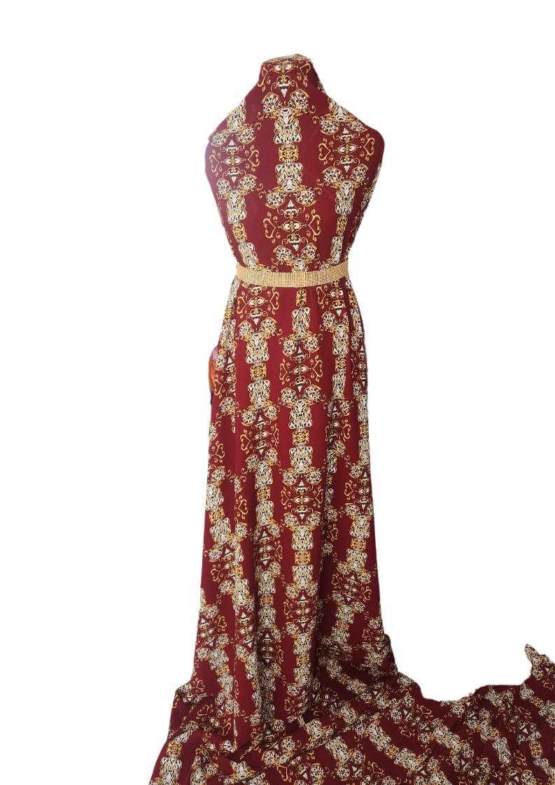 Burgundy Gold Baroque Halter Maxi Dress