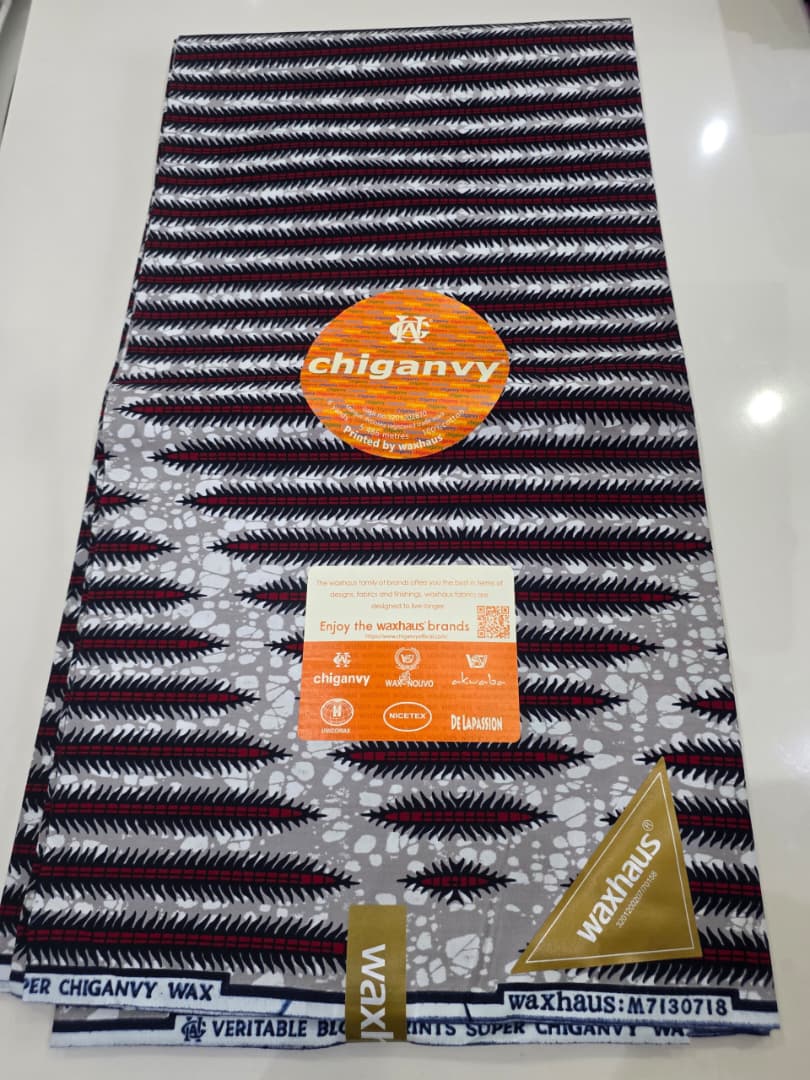 Chiganvy Red Navy Jagged Leaf Stripe Wax Print