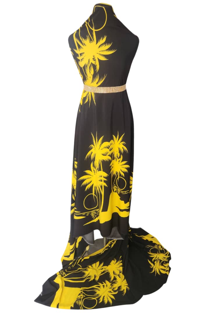 Golden Palm Silhouette Halter Maxi Dress