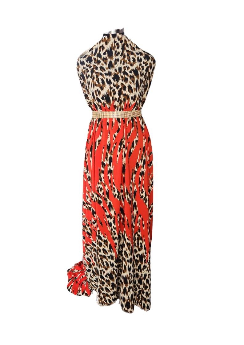 Leopard Flame Abstract Halter Maxi Dress