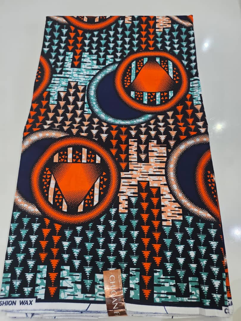 Orange Navy Medallion Geometric African Wax Print