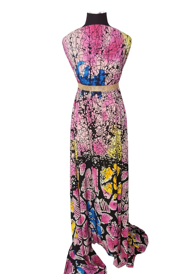 Pink Gold Crackle Batik Halter Maxi Dress