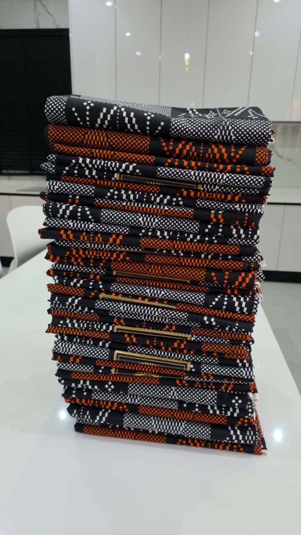 Premium Handwoven Kente-Style Orange Black Wrapper Stack