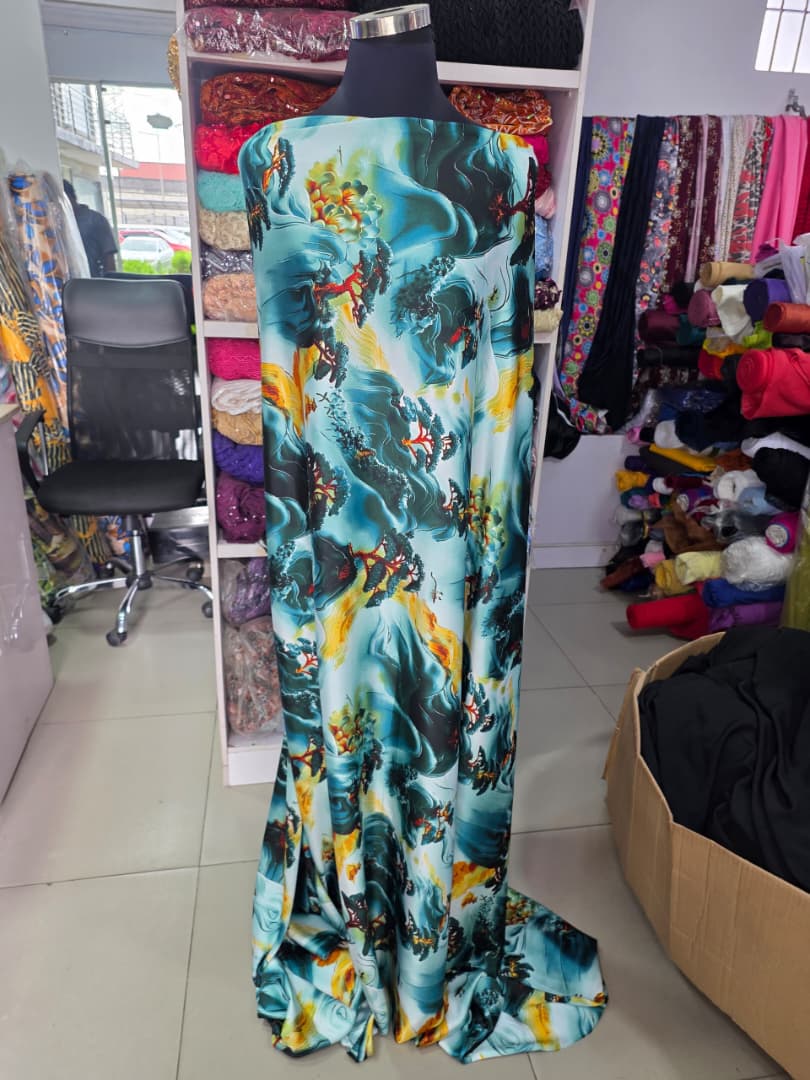 Teal Mountain Landscape Silk Halter Maxi Dress