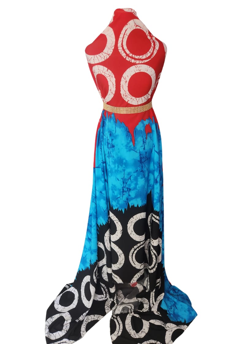 Tri-Color Batik Circle Halter Maxi Dress