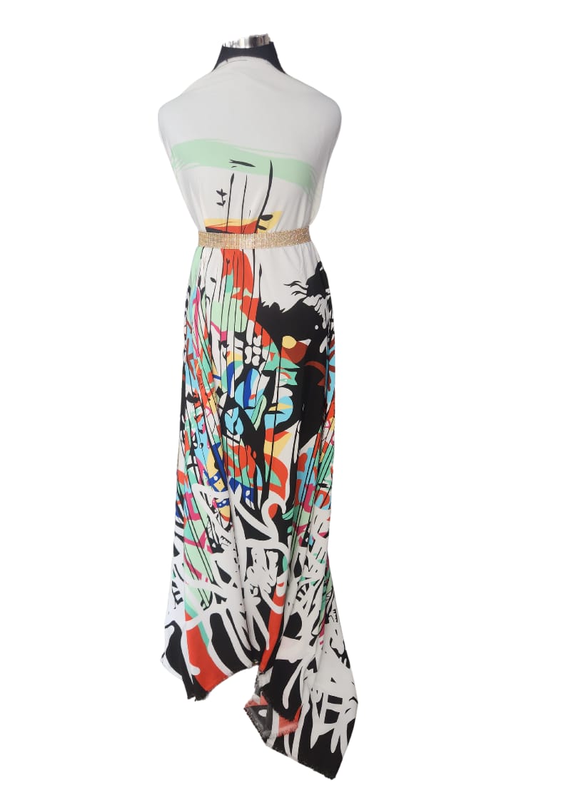 White Canvas Graffiti Art Halter Maxi Dress